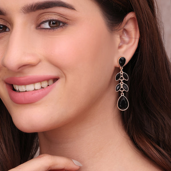 Golden Dangle Earrings with Black Teardrop Stones