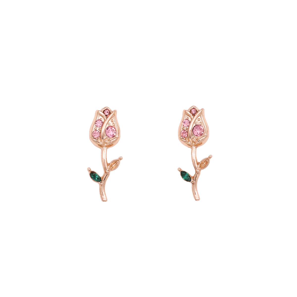 Rose Bud Stud Earrings with Pink & Green Stones