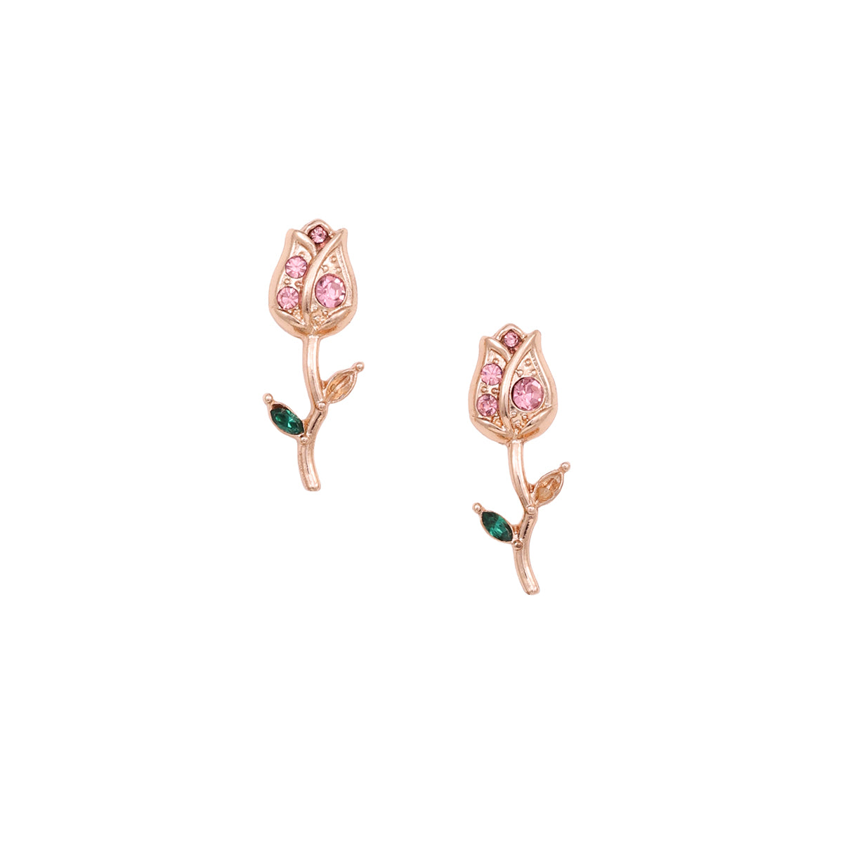 Rose Bud Stud Earrings with Pink & Green Stones