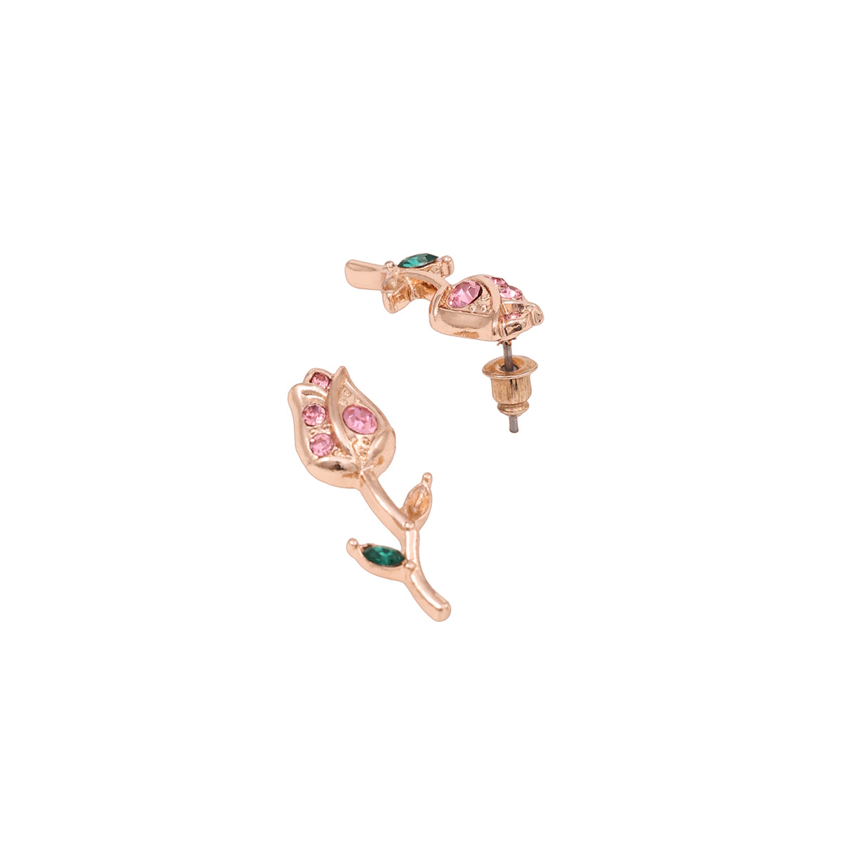Rose Bud Stud Earrings with Pink & Green Stones