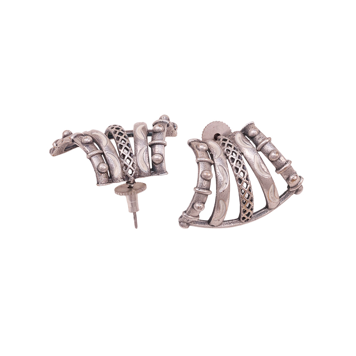 Bohemian Oxidized Silver Fan Stud Earrings