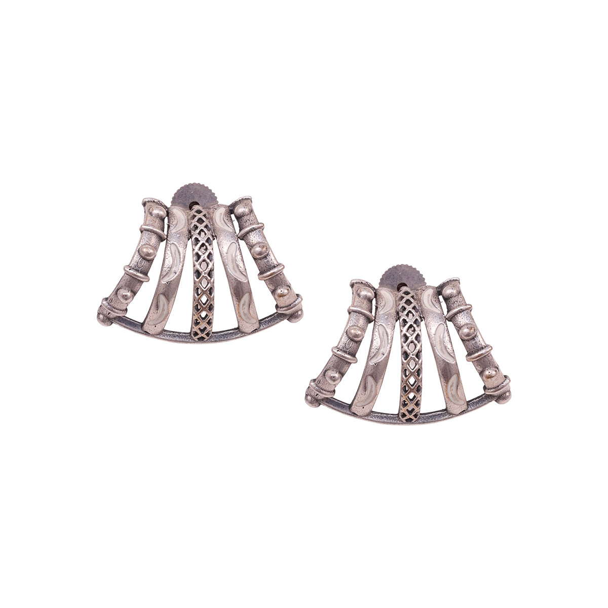 Bohemian Oxidized Silver Fan Stud Earrings