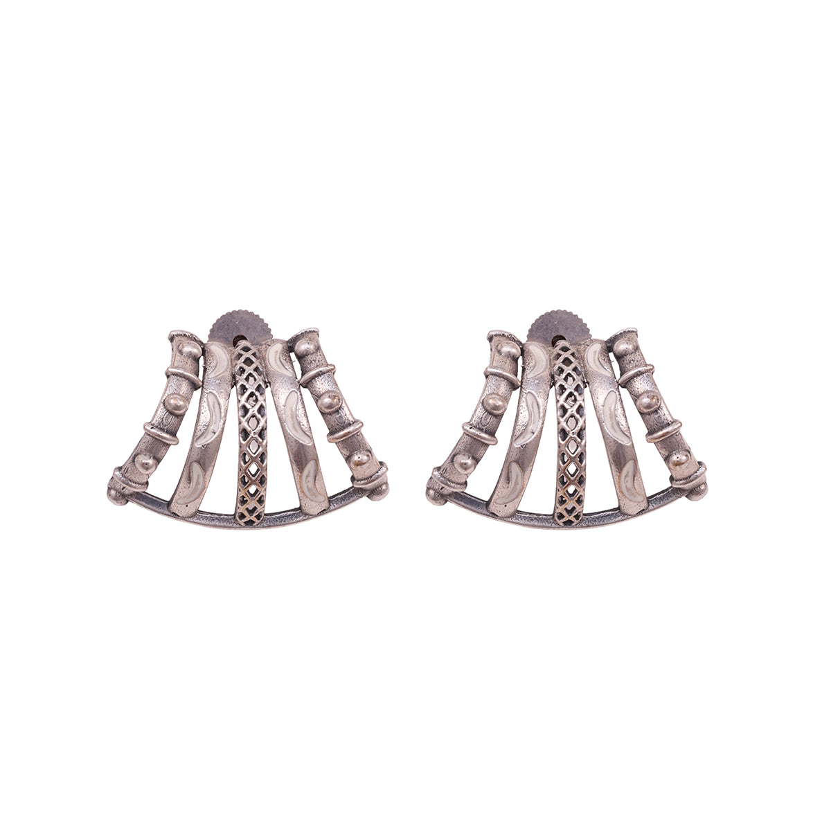 Bohemian Oxidized Silver Fan Stud Earrings