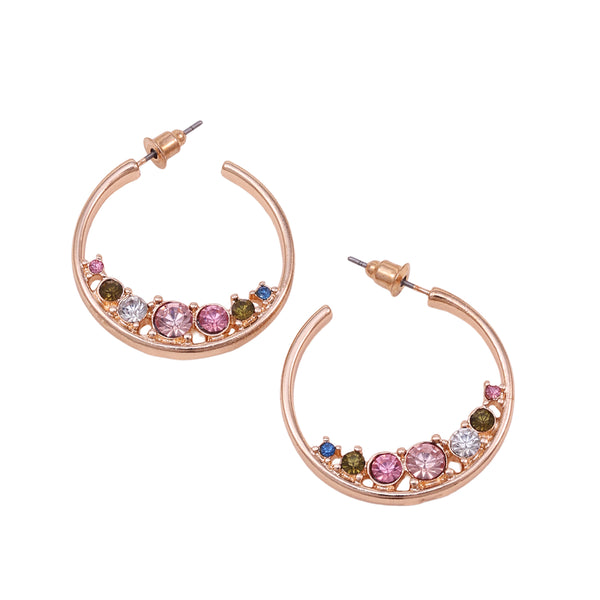 Golden Half-Hoop Earrings with Multicolour Rhinestones