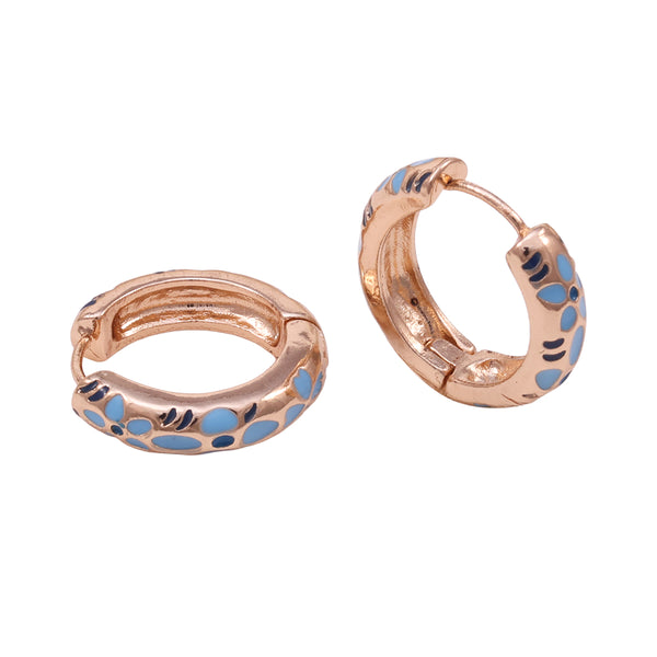 Golden Mini Hoop Earrings with Navy Enamel Floral Pattern