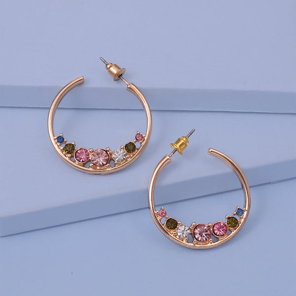 Golden Half-Hoop Earrings with Multicolour Rhinestones