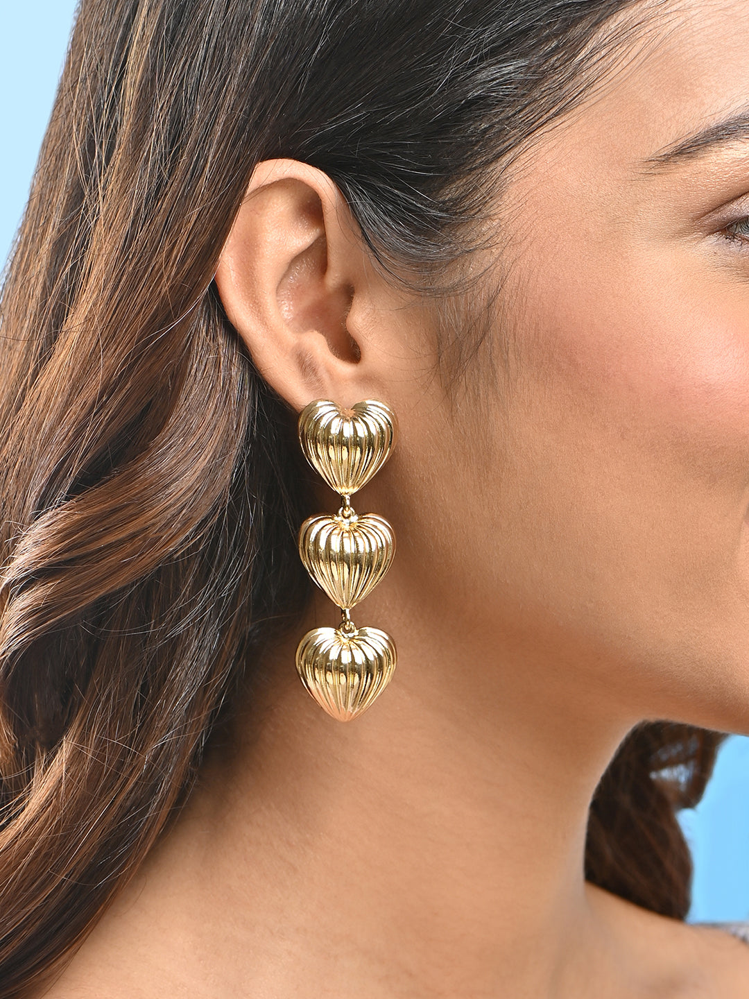 Gold Triple Heart Drop Earrings