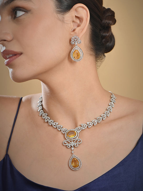 Fida Silver Yellow Luxurious Oval American Diamond Party Women Jewellery Set