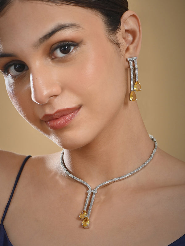 Fida Silver Yellow Luxurious American Diamond Negligee Party Women Jewellery Set