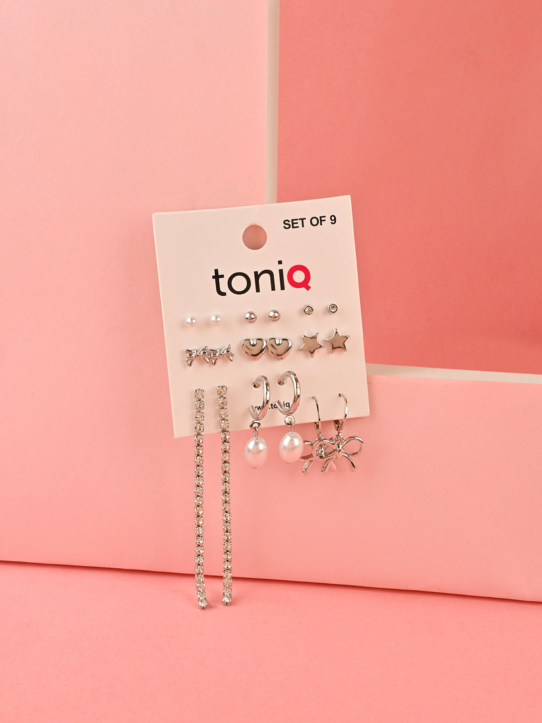 Toniq Silver Pearl Set Of 9 stud & hoop Earring for Women