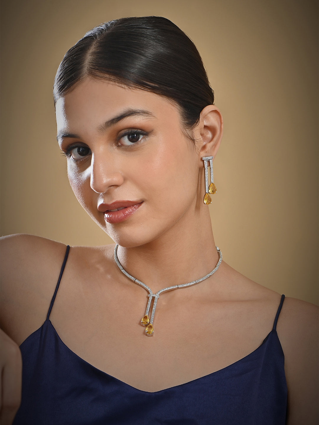 Fida Silver Yellow Luxurious American Diamond Negligee Party Women Jewellery Set
