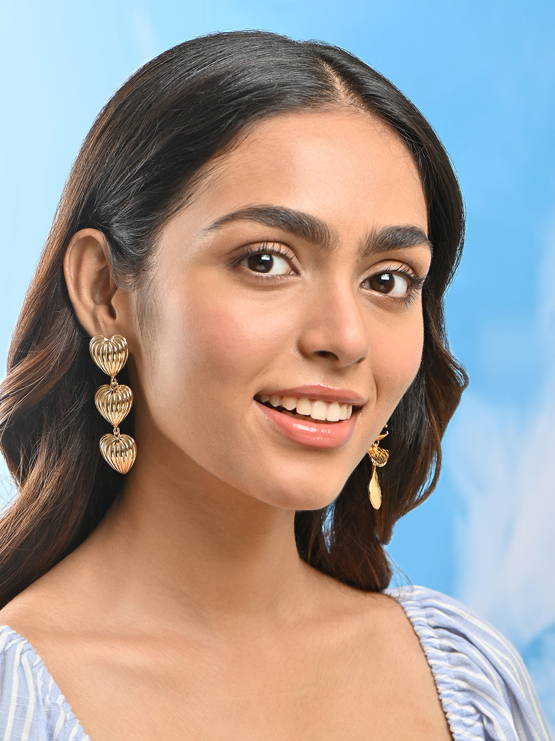 Gold Triple Heart Drop Earrings