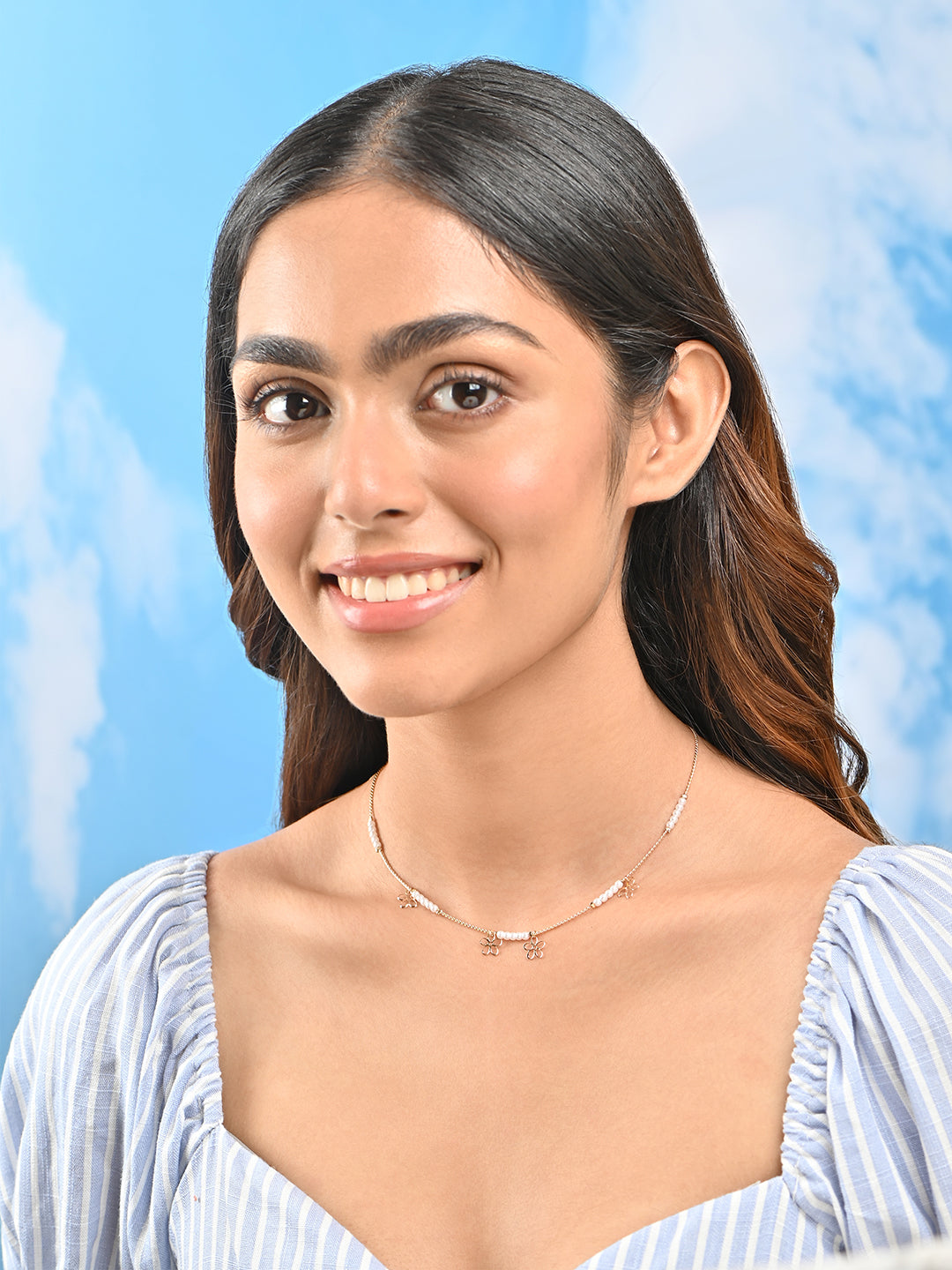 Floral Charm & White Beaded Delicate Gold Necklace