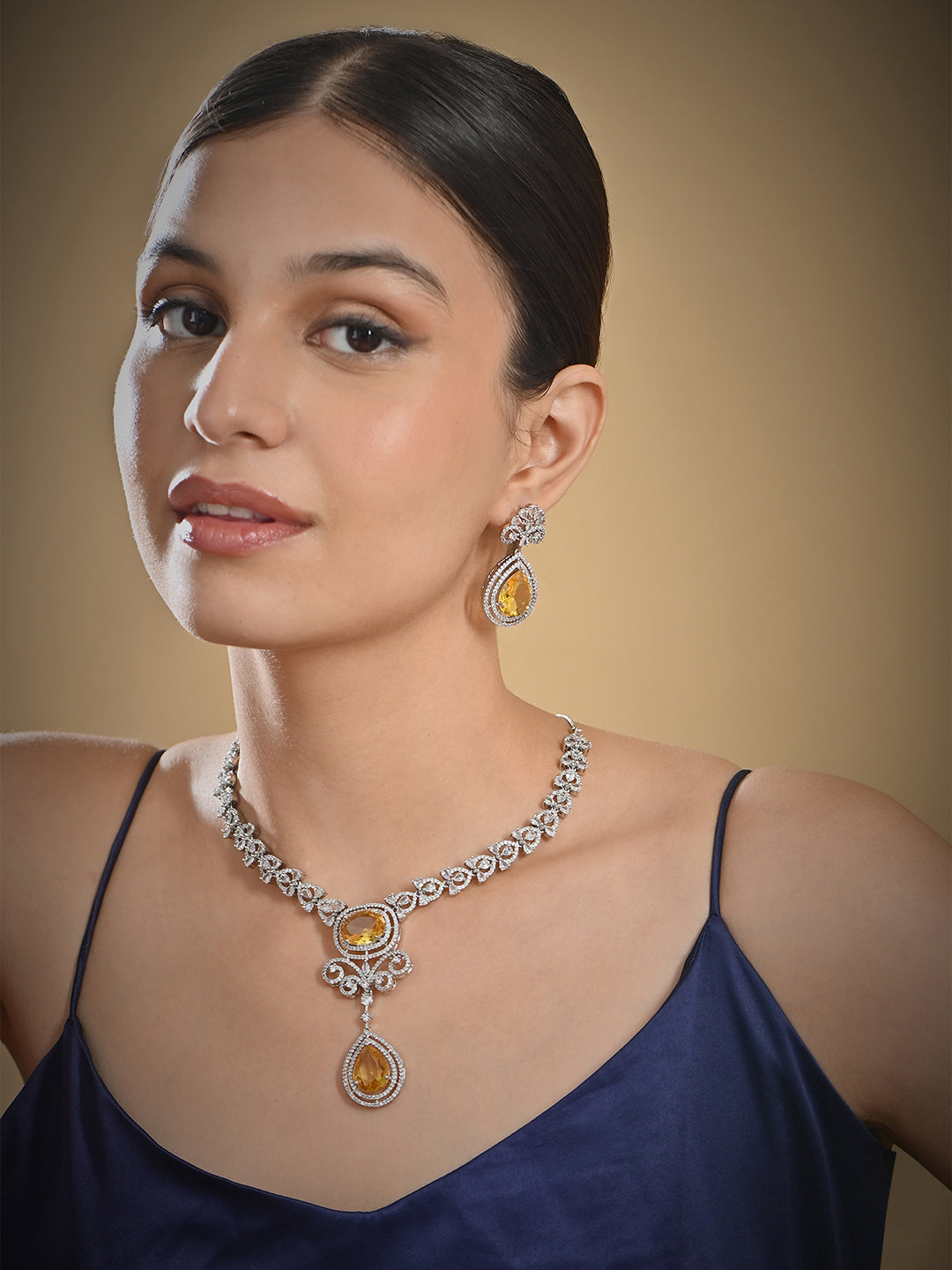 Fida Silver Yellow Luxurious Oval American Diamond Party Women Jewellery Set