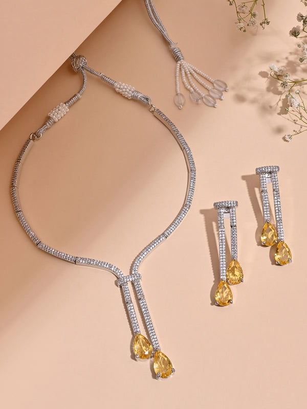 Fida Silver Yellow Luxurious American Diamond Negligee Party Women Jewellery Set