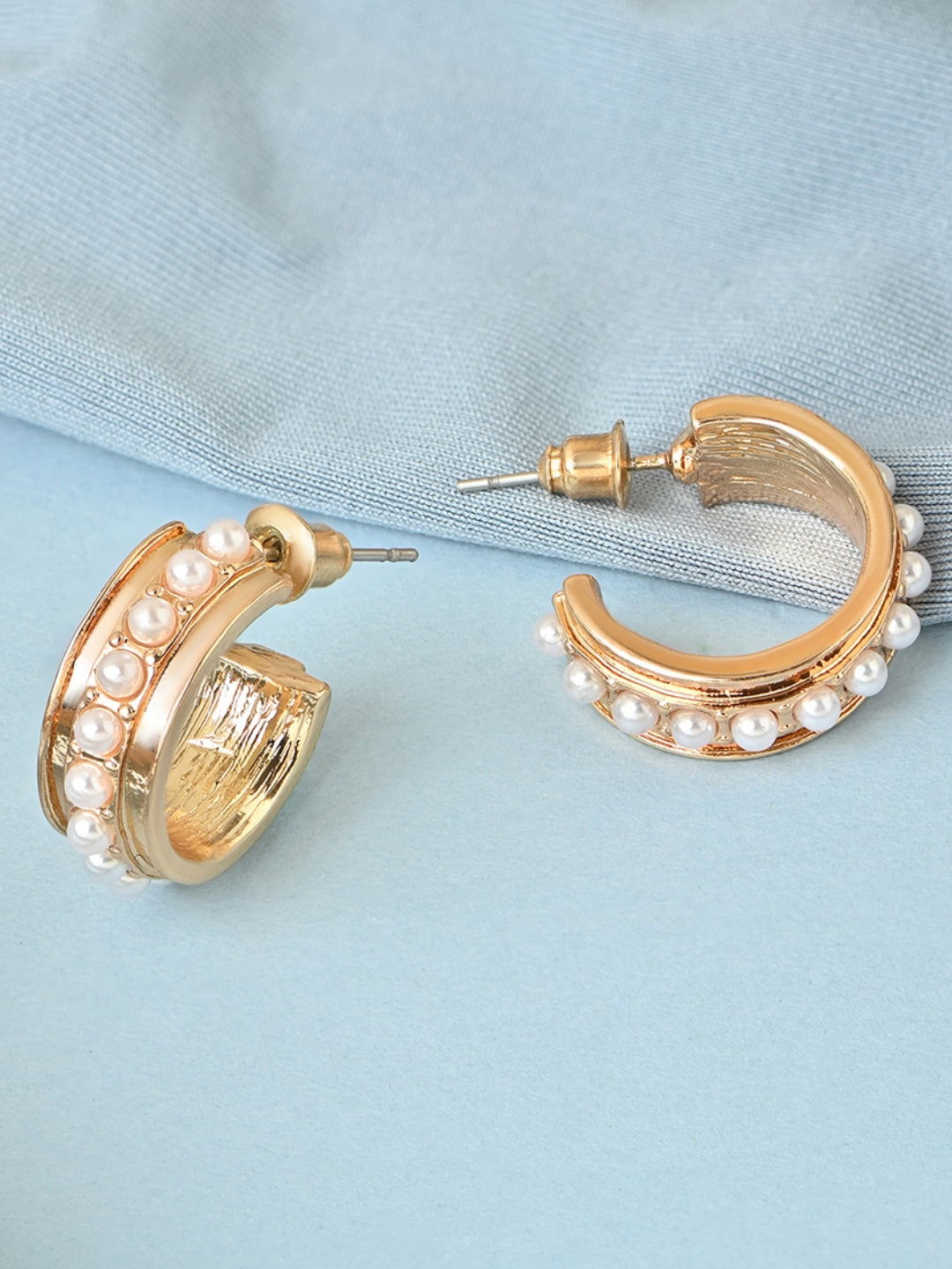 Casual Pearl Studded Half Hoop Gold Earrings