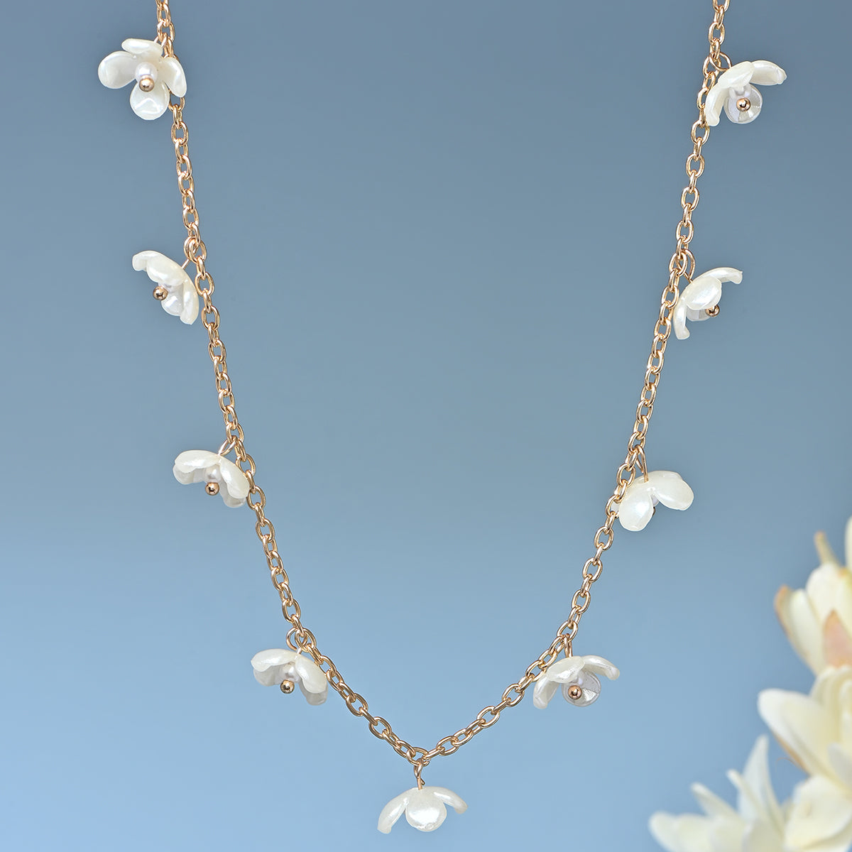 Gold-Toned Floral Choker Necklace with Pearl Beads