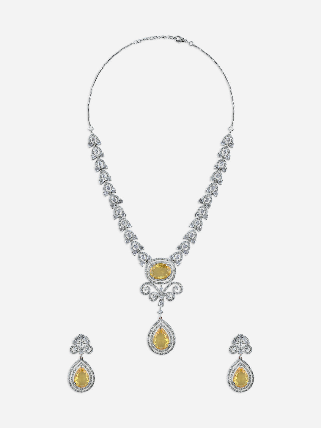 Fida Silver Yellow Luxurious Oval American Diamond Party Women Jewellery Set