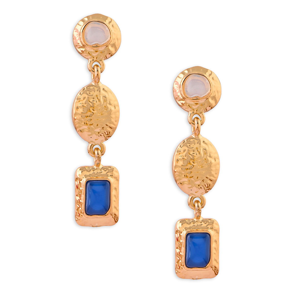 Gold Textured Drop Earrings with Blue Stone