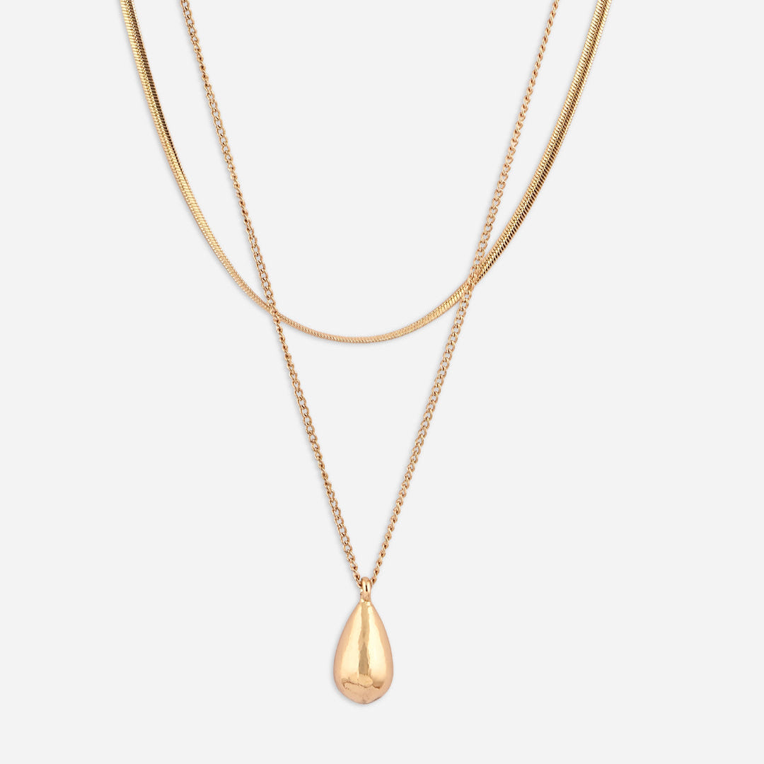 Two gold necklaces with a teardrop pendant on a white background