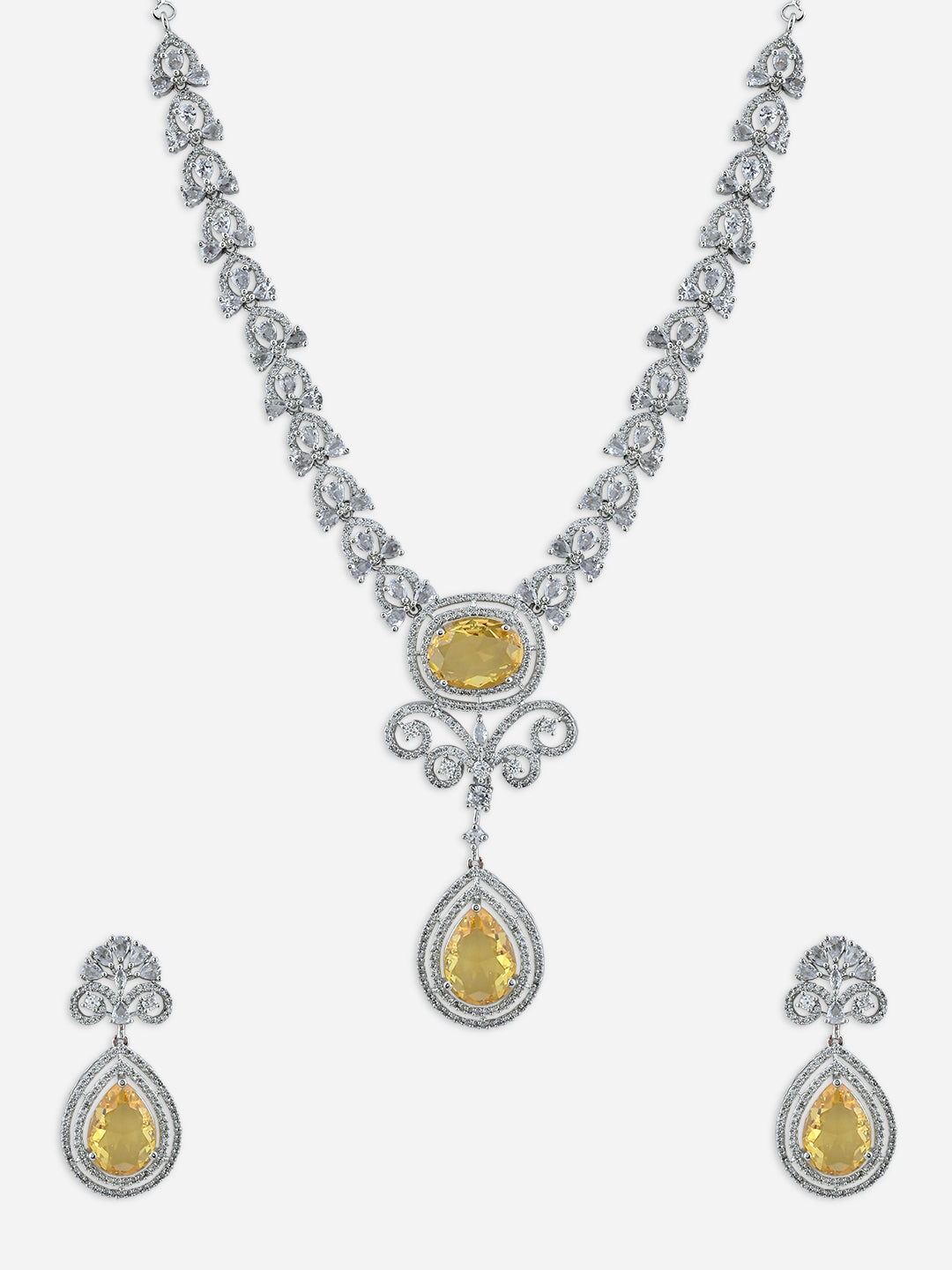 Fida Silver Yellow Luxurious Oval American Diamond Party Women Jewellery Set