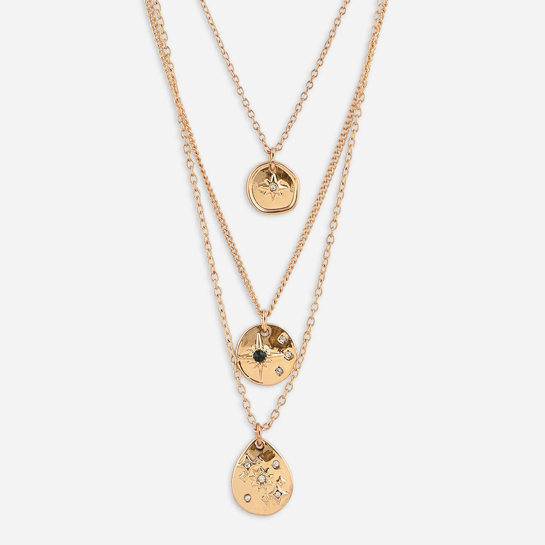 Two gold necklaces with pendants on a white background