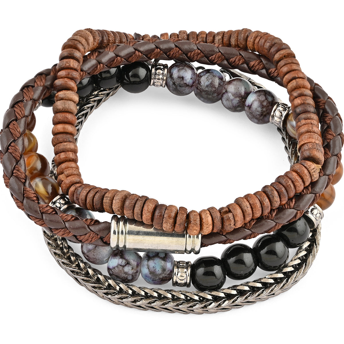 Boho Leather & Bead Bracelet Set of 4