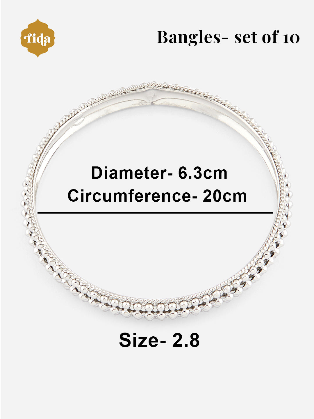 Silver bangles set on a white background with measurement details.