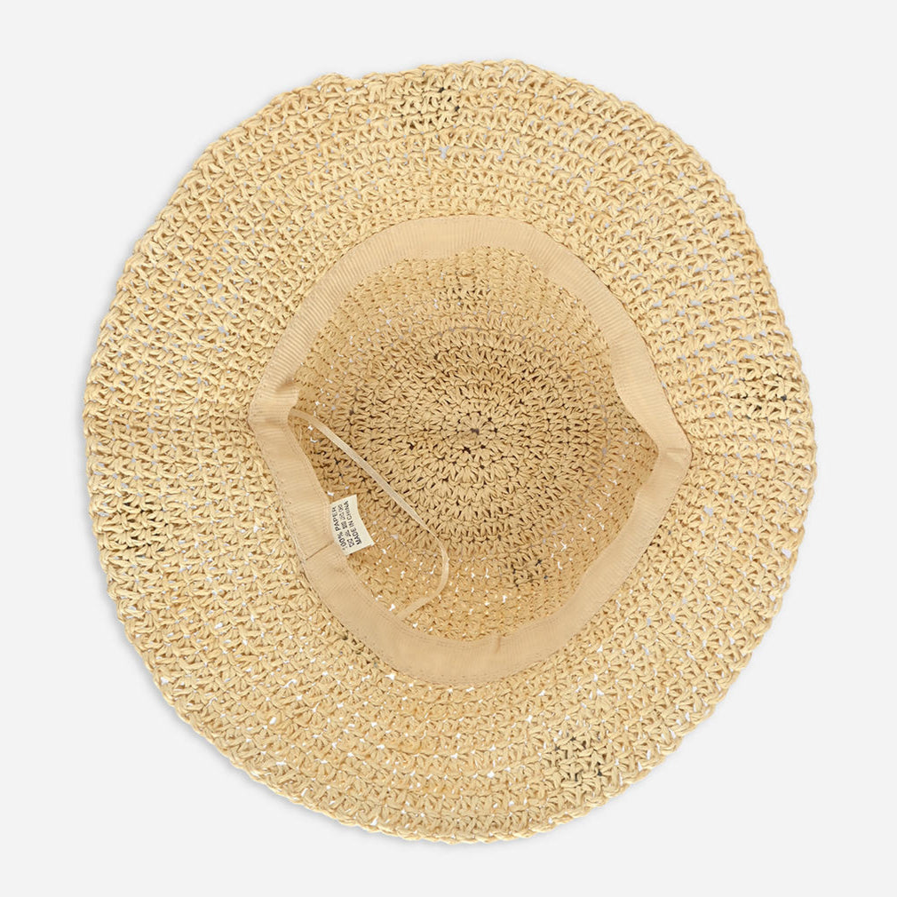 Woven straw hat with floral embellishments on a white background bottom view