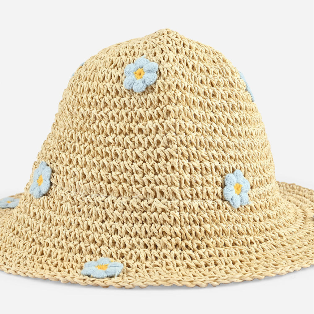 Woven straw hat with floral embellishments on a white background