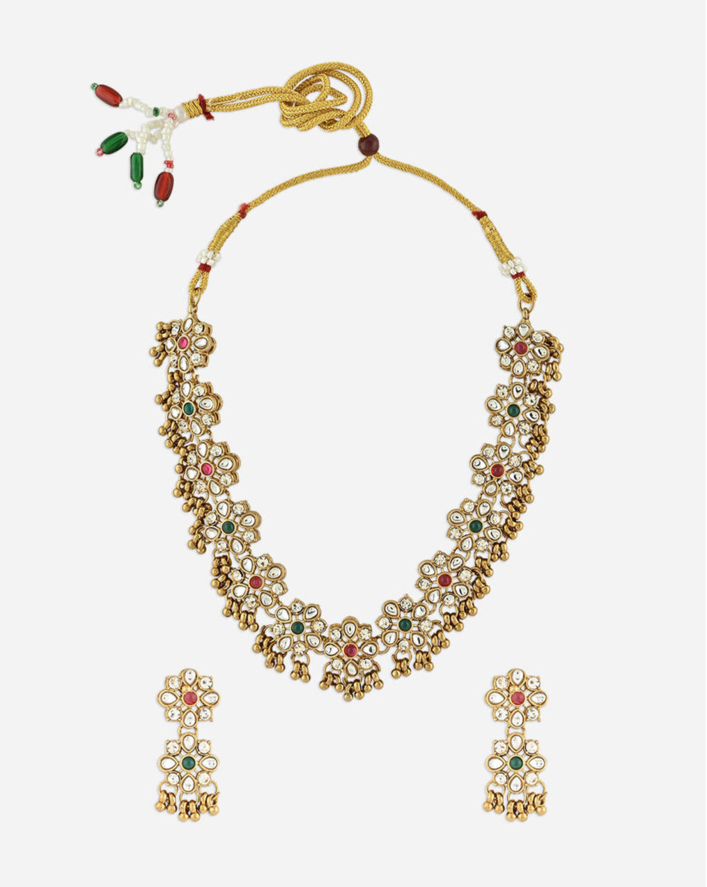 a gold floral temple meenakari choker necklace and matching earrings set close-up