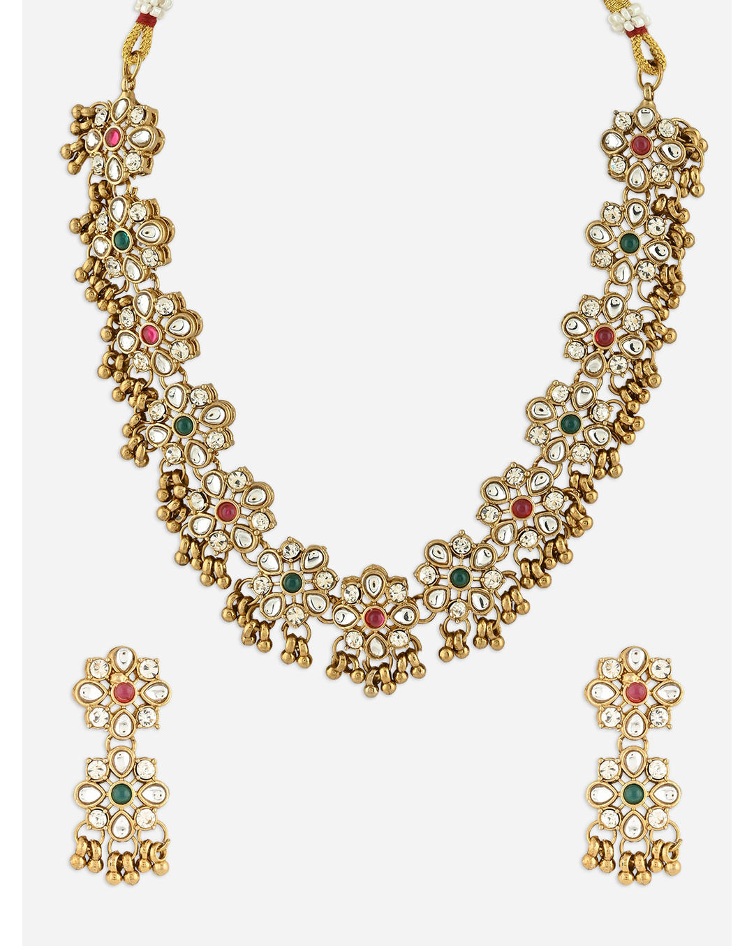 a gold floral temple meenakari choker necklace and matching earrings set close-up