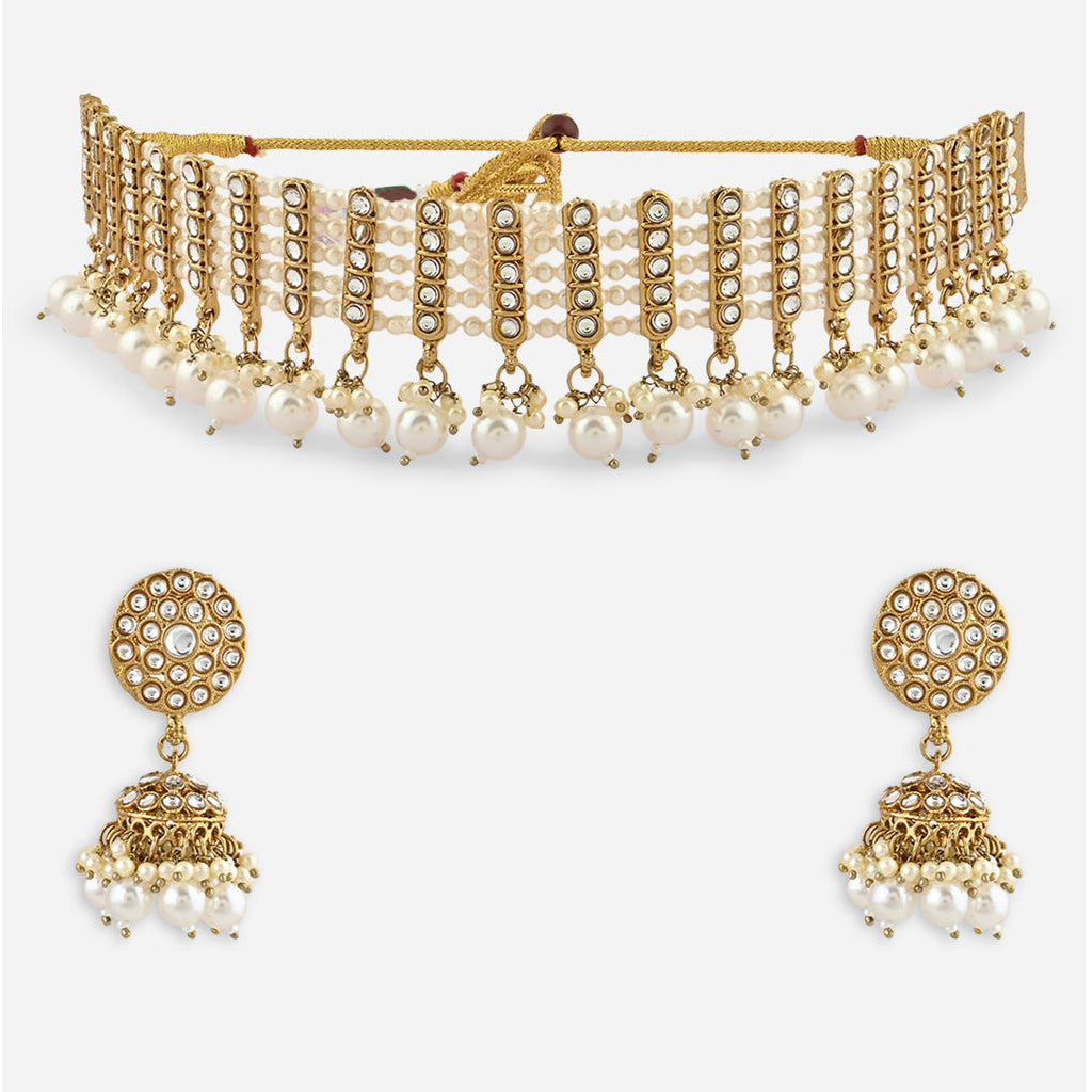 a white pearl and gold statement choker necklace and matching earrings set dimension