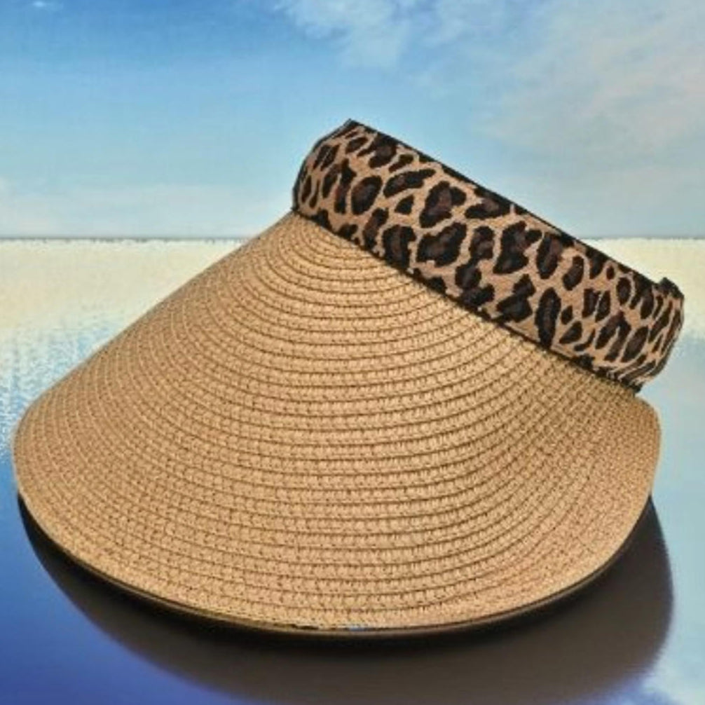 Beige visor hat with leopard print band close-up look