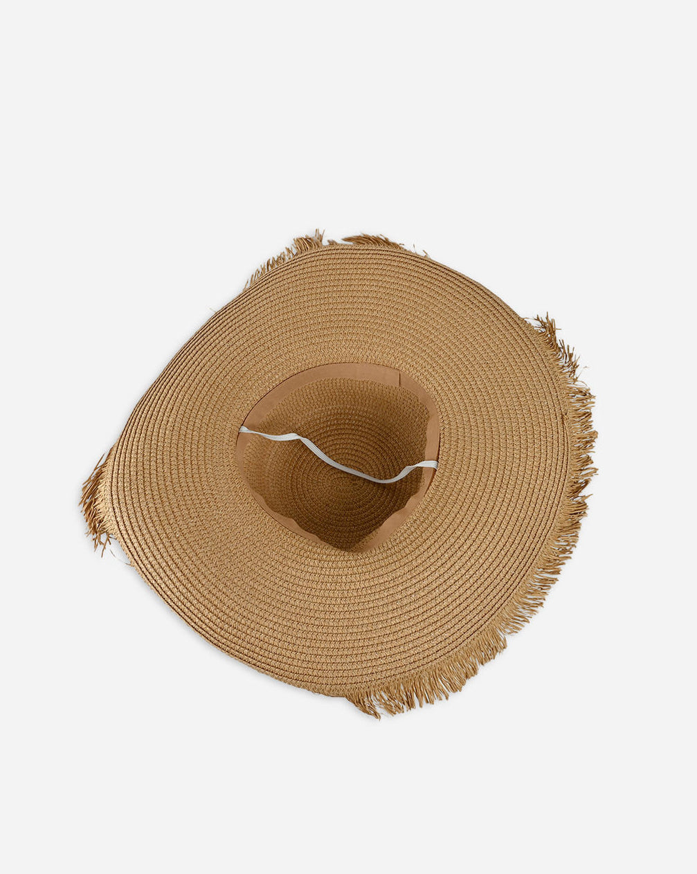 Round woven placemat with fringed edges on a white background