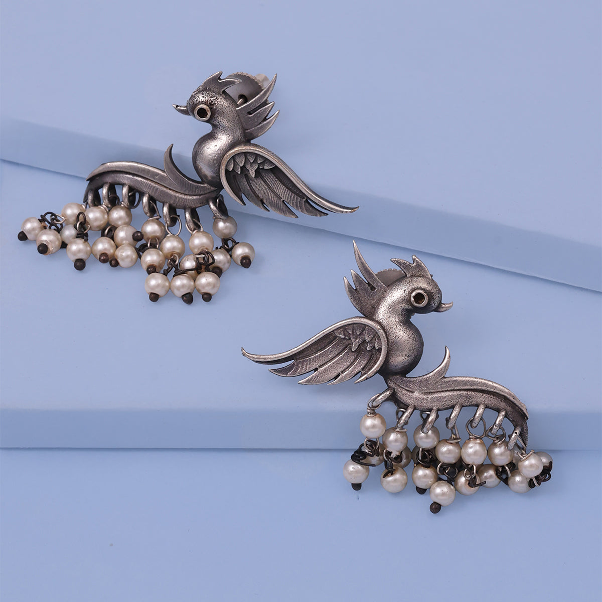 Traditional Oxidized Silver Peacock Dangler Earrings with Pearl Drops