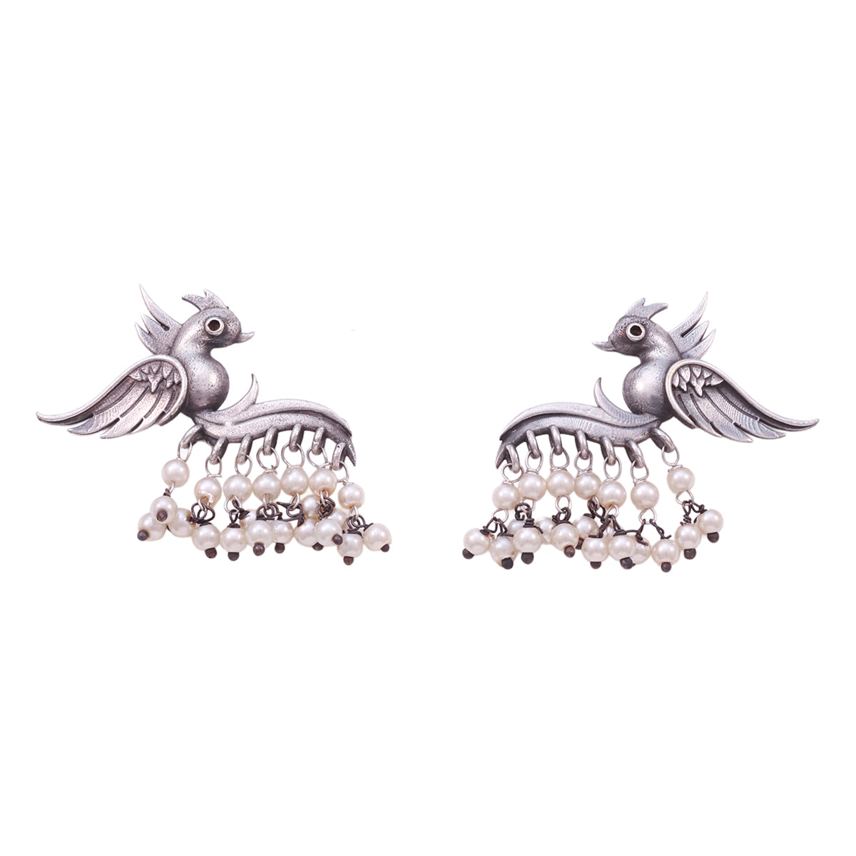 Traditional Oxidized Silver Peacock Dangler Earrings with Pearl Drops