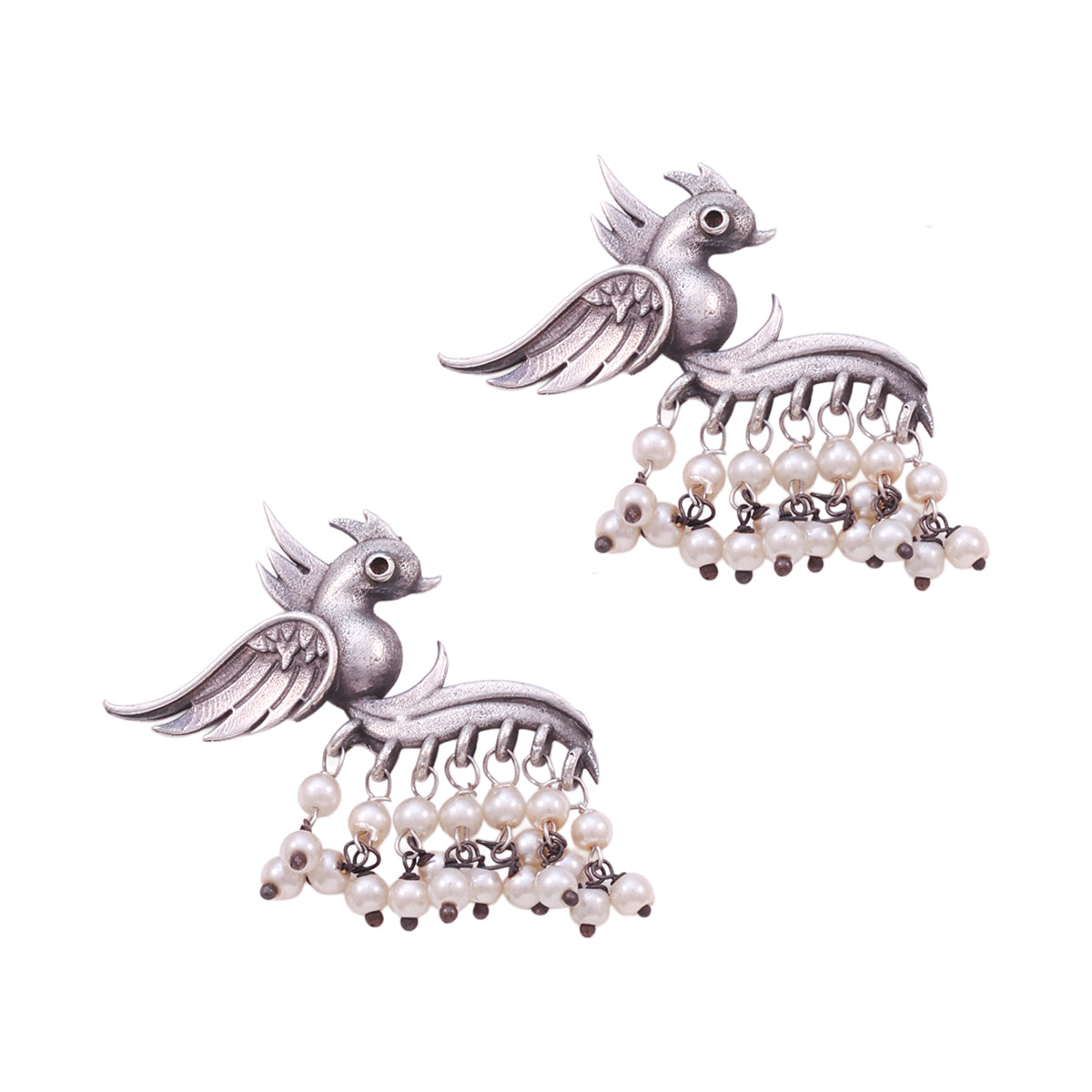 Traditional Oxidized Silver Peacock Dangler Earrings with Pearl Drops