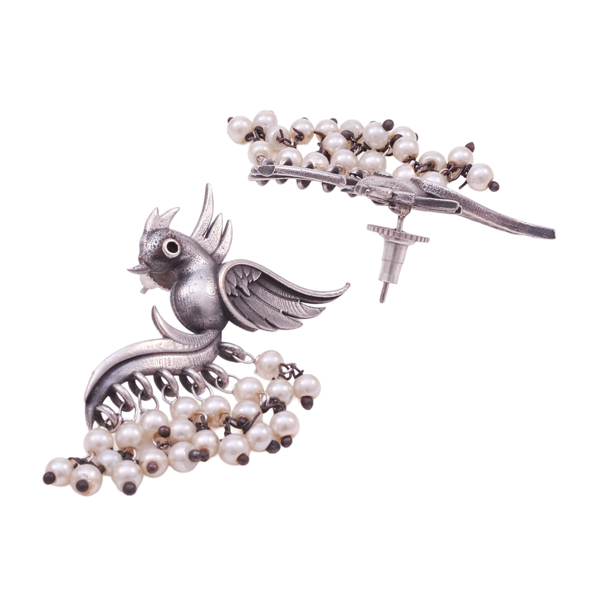 Traditional Oxidized Silver Peacock Dangler Earrings with Pearl Drops
