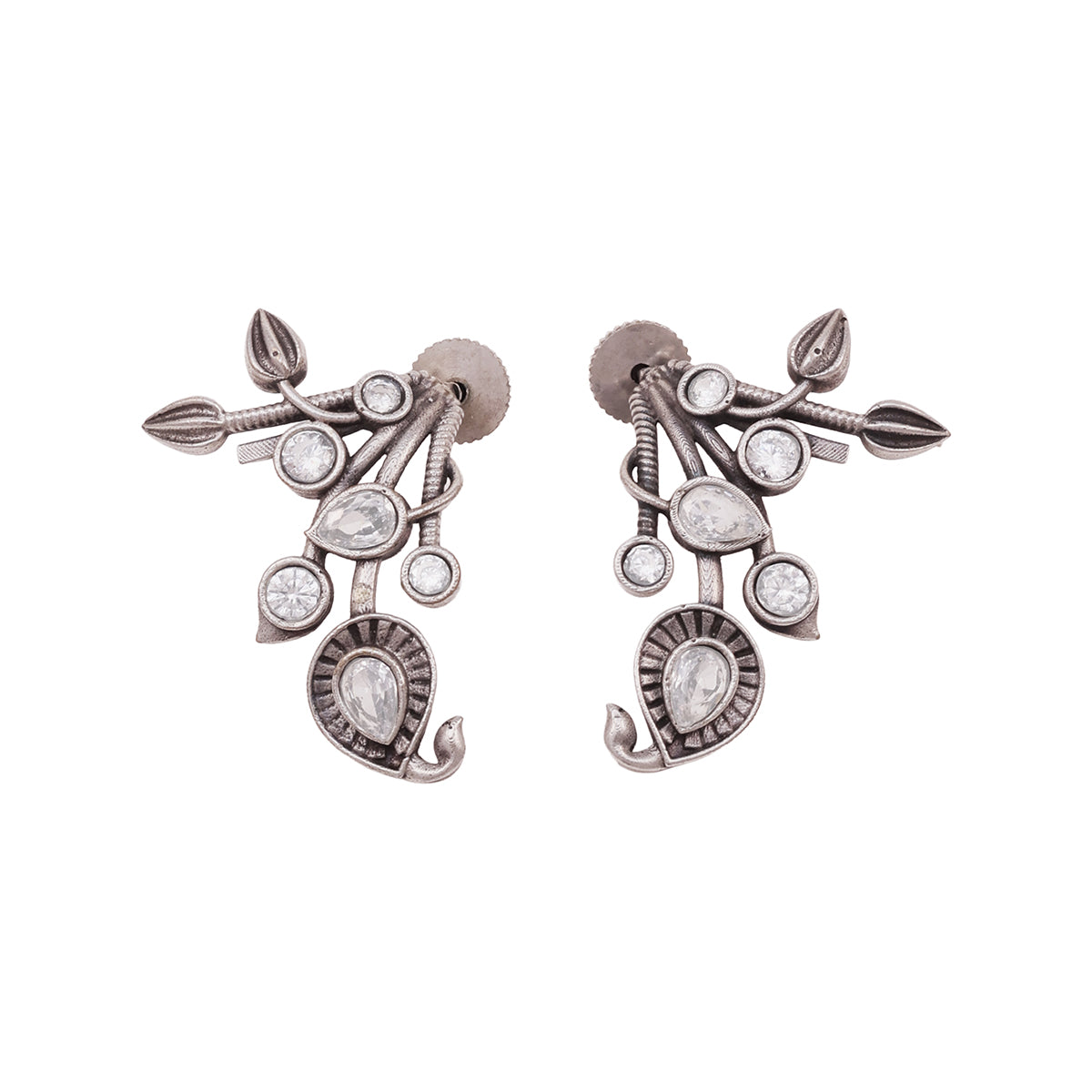 Intricate Oxidized Silver Stud Earrings with American Diamond Accents