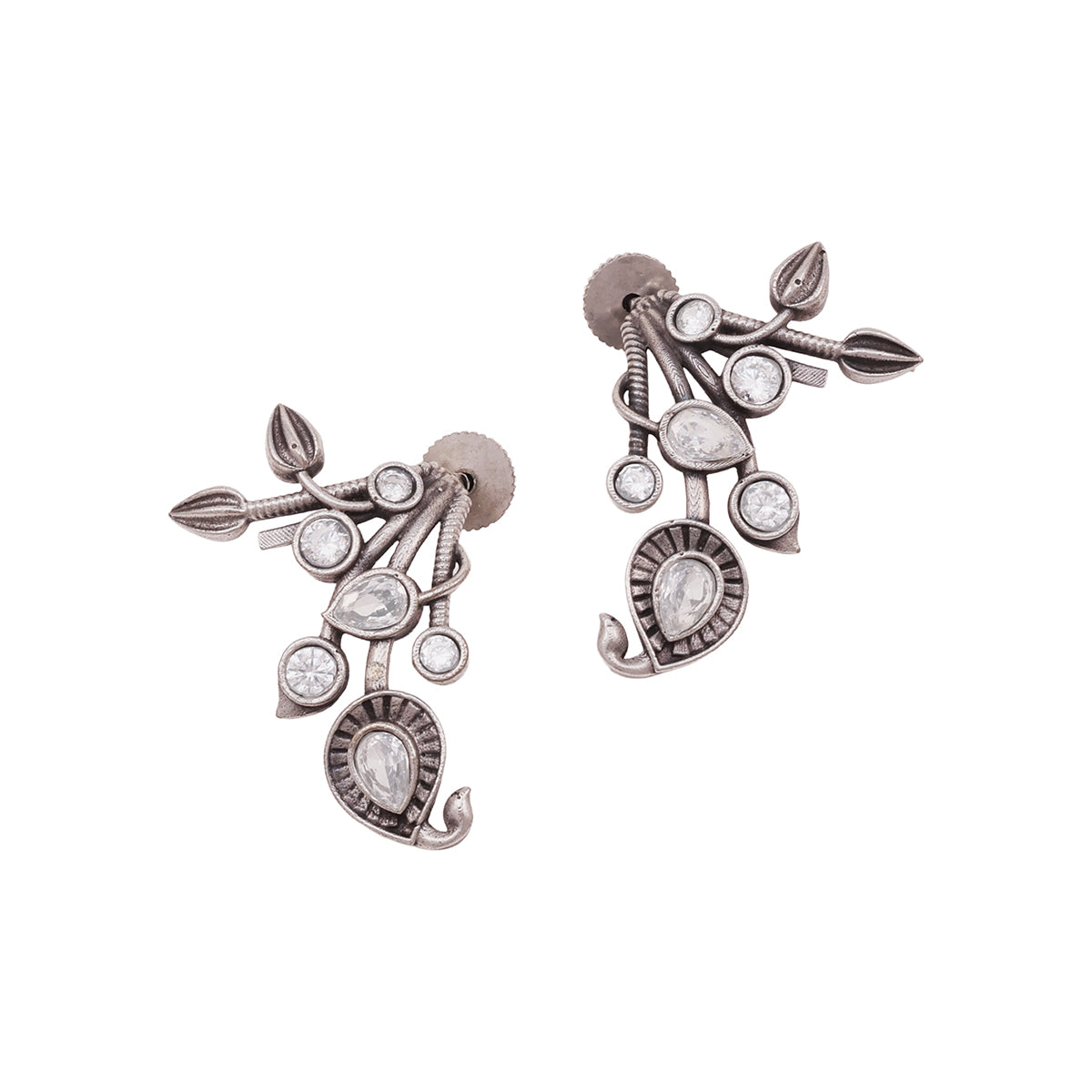 Intricate Oxidized Silver Stud Earrings with American Diamond Accents