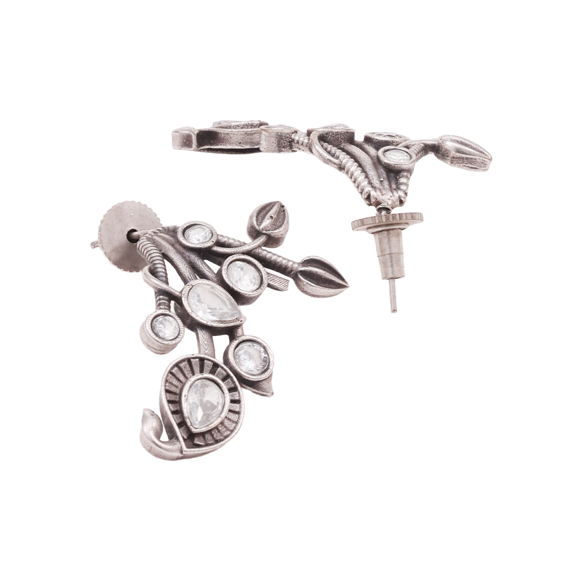 Intricate Oxidized Silver Stud Earrings with American Diamond Accents