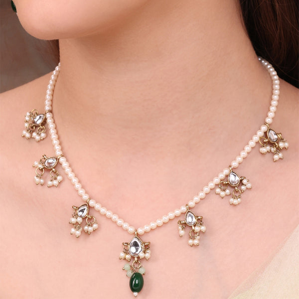 Traditional Pearl Mala Necklace and Earring Set with Green Stone Drops