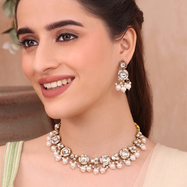 Antique Golden Choker Necklace & Earrings Set with White Stones and Pearl Drops