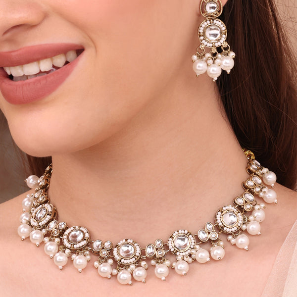 Antique Golden Choker Necklace & Earrings Set with White Stones and Pearl Drops