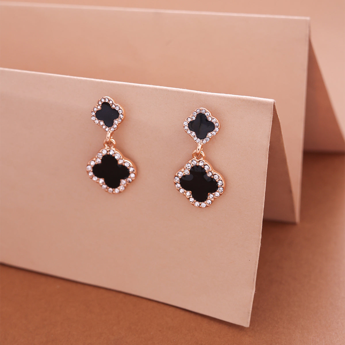 Chic Golden Black and White Clover Drop Earrings
