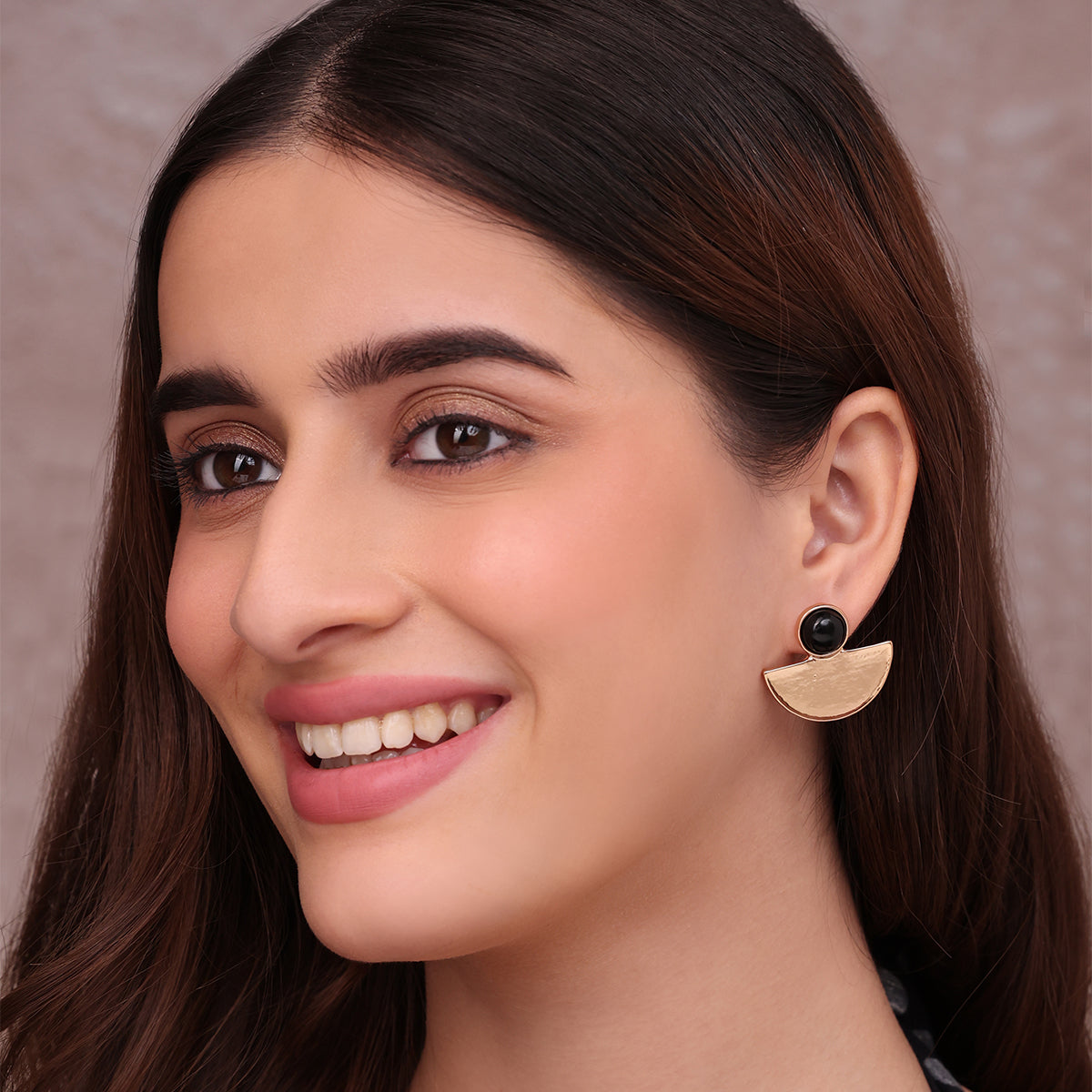 Modern Gold Half-Moon Stud Earrings with Black Cabochon