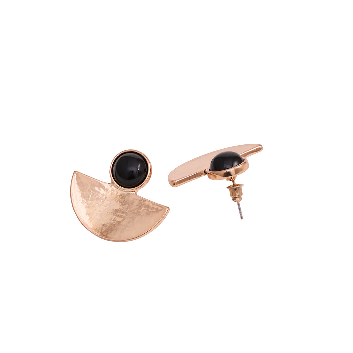 Modern Gold Half-Moon Stud Earrings with Black Cabochon