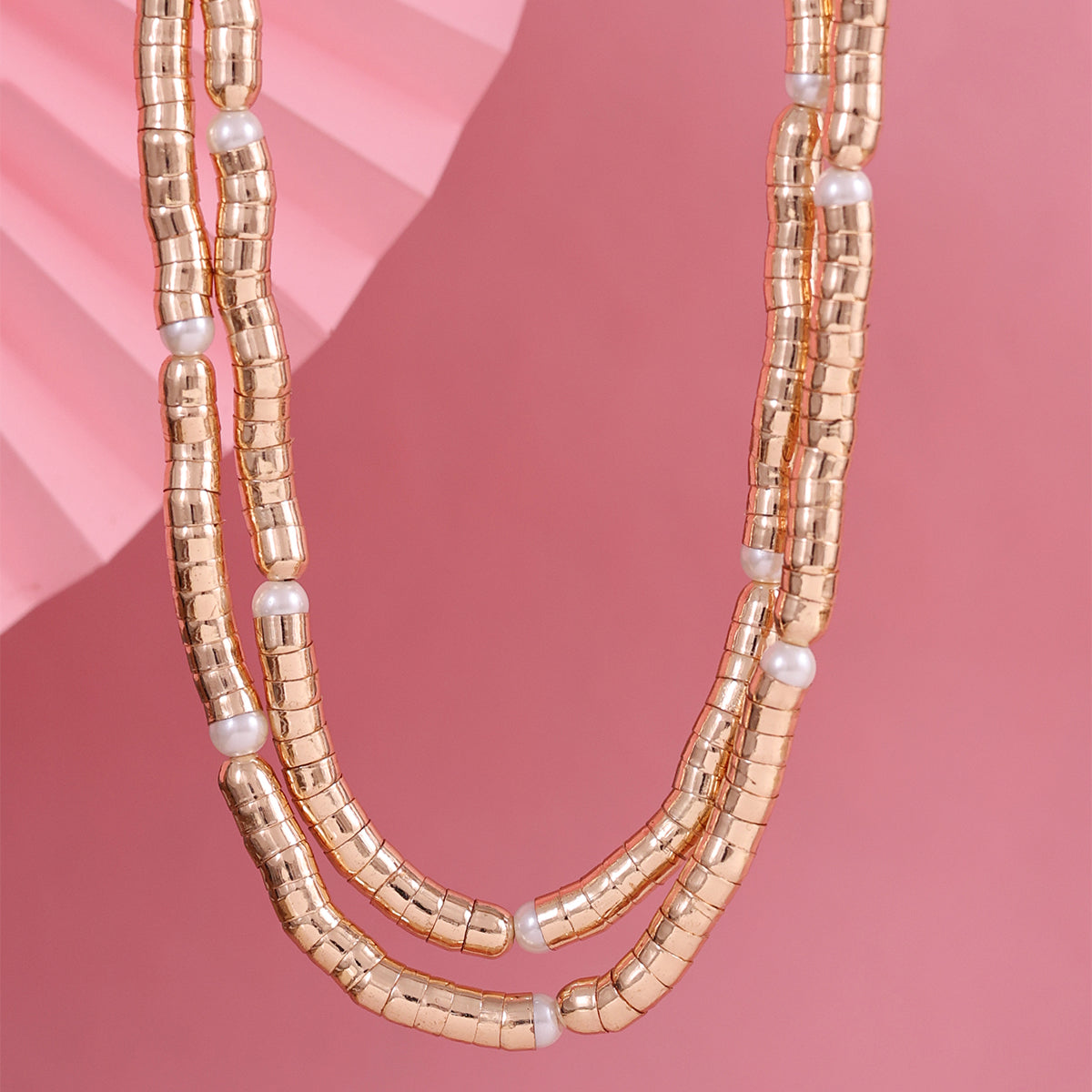 Chunky Dual-Strand Gold Tube Bead Necklace with Pearl Accents