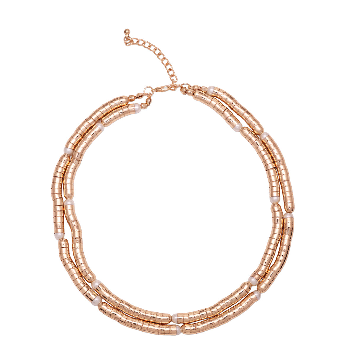Chunky Dual-Strand Gold Tube Bead Necklace with Pearl Accents